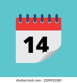 Vector illustration of specific day calendar with bent tip effect isolated on blue background marking day 14.
