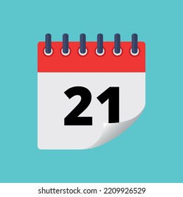 Vector illustration of specific day calendar with bent tip effect isolated on blue background marking day 21.