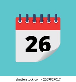 Ilustración vectorial del calendario del día específico con efecto de punta doblada aislado en el día 26 de marcado de fondo azul.