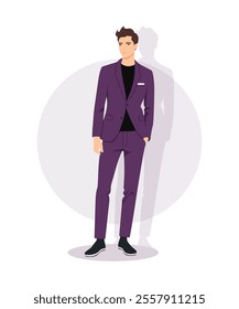 Vector illustration. Spectacular male image in a purple suit with a black turtleneck. Contrasting and confident look for bold personalities.