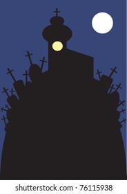 vector illustration of spectral old church and cemetery on the hill at night