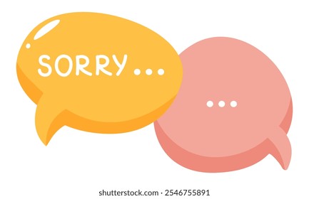 Vector illustration of speech bubble with apology, regret. Text, inscription sorry. Chat icon with phrase apology, asking for forgiveness. Dialogue, message, quote.