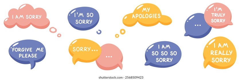 Vector illustration of speech bubble with apology, regret. Text, apology inscription in different form. Chat icon with phrase apology, request for forgiveness. Dialogue, message, quote.