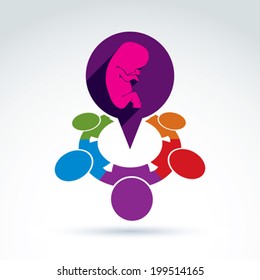 Vector illustration of a speech bubble and a baby embryo. Different nationalities chat on pregnancy and abortion Ã?Â¢?? international social forum on medical theme. Obstetrics meeting.