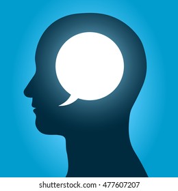 Vector illustration of speech bubble with copy space inside human head over blue background
