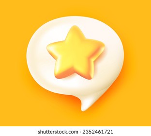 Ilustración vectorial de la burbuja del habla con estrella dorada sobre fondo amarillo. 3d diseño estilo burbuja de voz con estrella para web, sitio, banner, afiche