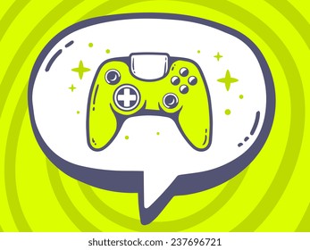 Vector illustration of speech bubble with icon of joystick on green pattern background. Line art design for web, site, advertising, banner, poster, board and print.