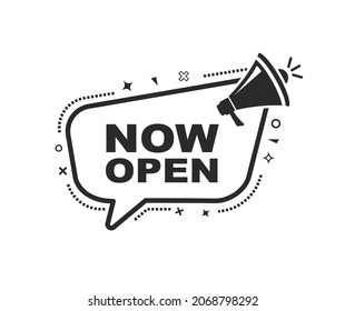 Vector Illustration Speech Bubble Now Open With Megaphone. Web Banner.