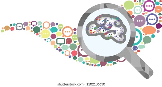 vector illustration of speech bubbles and brain in magnifier for new ideas born in discussion concept