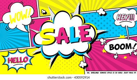 Vector illustration of speech bubbles. Comic expression cloud.Funny titles "WOW, "Hey!", "BOOM!", "Hello' with background