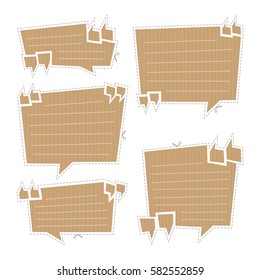 Vector illustration of speech bubbles cut out of craft paper or cardboard with quotation marks and space for text. Set of stickers or reminder notes isolated on white.