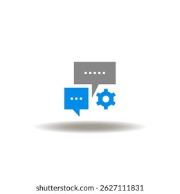 Vector illustration of speech bubbles and gear wheel gear. Symbol of chat app. Icon of conversation, dialogue, talk.