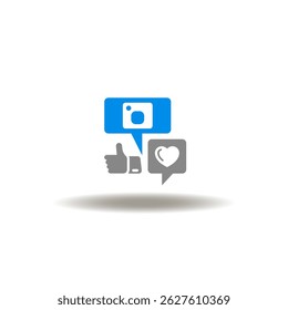 Vector illustration of speech bubbles with heart cam and thumb up. Symbol of social media. Icon of chatting.