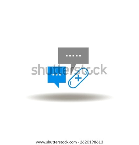 Vector illustration of speech bubbles and pill capsule with medical plus sign. Symbol of online prescription. Icon of medical or pharmaceutical consultation, advice.