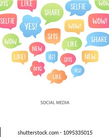 Vector illustration with speech bubbles with popular social media phrases: selfie, like, wow, sms, hi etc. Copy space for your text. Communication, chat, dialog, gadgets, social media concept.