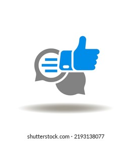 Vector illustration of speech bubbles with thumb up gesture. Icon of client discussion, assessment, like, satisfaction. Symbol of CX Customer Experience. Sign of approved.