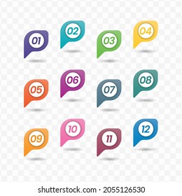 Vector illustration of speech number bullet points from one to twelve with a transparent background (PNG).