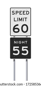 Vector Illustration Of The Speed Limit Daytime And Nighttime Road Signs On Metallic Poles