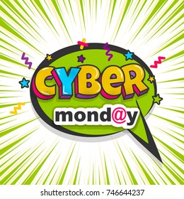Vector illustration speed line market electronic poster. Pop art cyber Monday comic book text phrase. Advertising big sale discount banner. Cartoon 3d funny font. Wow bright color speech bubble.