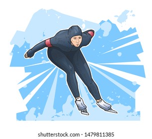 Vector illustration of speed skater on abstract background. Ice speed skating sport themed winter poster