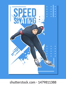 Vector illustration of speed skater on abstract background. Ice speed skating sport themed winter poster