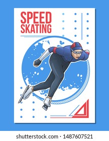 Vector illustration of speed skater skating on ice. Winter sports poster on abstract background