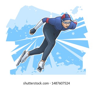 Vector illustration of speed skater skating on ice. Winter sports poster on abstract background