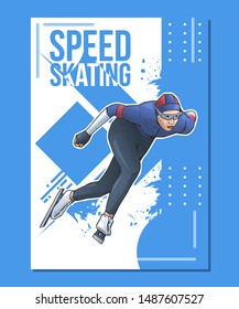 Vector illustration of speed skater skating on ice. Winter sports poster on abstract background