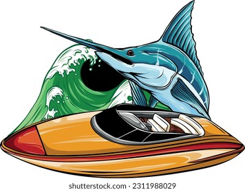 ilustración vectorial de lancha con pez marlín