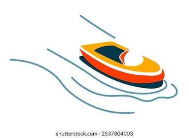 Ilustración vectorial de una lancha que corre en el agua. Diseño atrevido y colorido con líneas de movimiento dinámico, aislado sobre fondo blanco. Ideal para deportes acuáticos, carreras y temas de aventura.