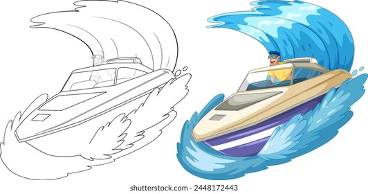 Vector illustration of a speedboat riding ocean waves.