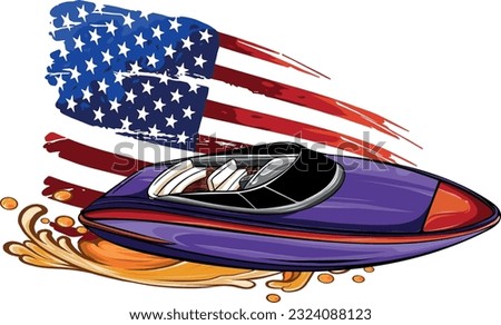vector illustration of speedboat sea waves with american flag