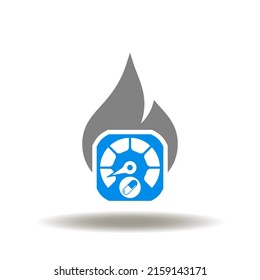 Vector illustration of speedometer with pill capsule and fire flame. Icon of boost your metabolism. Symbol of high metabolic level.