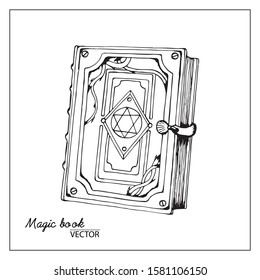Vector illustration Spell book (magic). Drawn by hand, black outline on a white background in doodle style. For coloring books, creating designs, fortune-telling cards, magic salons.
