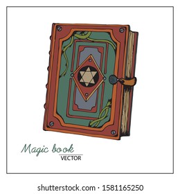 Vector illustration Spell book (magic). Drawn by hand, on a white background in doodle style. For  books, creating designs, fortune-telling cards, magic salons.