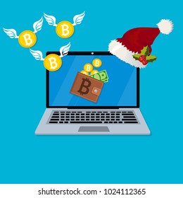 Vector illustration of spending bitcoins from laptop. Mobile purchases, Great design for in-app purchases or ads.
