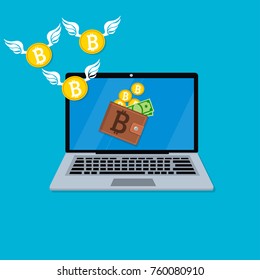 Vector illustration of spending bitcoins from laptop. Mobile purchases, Great design for in-app purchases or ads.