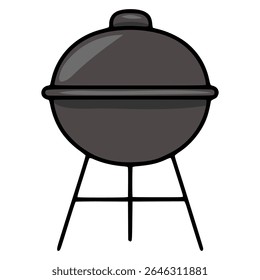 A vector illustration of a spherical charcoal grill on a simple stand, depicted in dark gray tones with bold black outlines, conveying a minimalist and slightly cartoonish style.