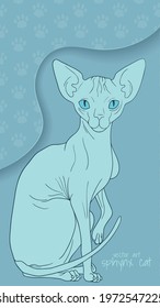 vector illustration with Sphynx cat in cartoon style, blue colors