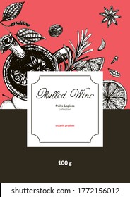 Vector illustration with spice label design for mulled wine on red. Dry fruits apples and oranges, seasoning for hot wine in the style of freehand drawing for packaging, bag
