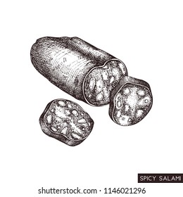 Vector illustration of spice salam. Engraved style food drawing isolated on white. Vintage meat product sketch. Pizza Pepperoni hand drawn  ingredients.