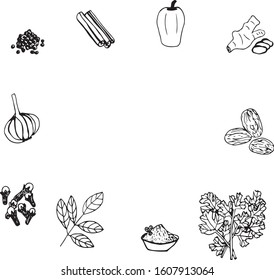 Vector illustration of spices, black pepper, cinnamon, paprika, ginger, nutmeg, parsley, Bay leaf, cloves, garlic