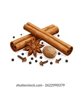 Ilustração vetorial de especiarias pau de canela, pimenta, noz-moscada e anis estrelado, isolado no fundo branco.