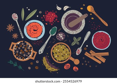 Vector illustration of spices and herbs composition on black background. Flat cartoon design with pepper, garlic, cinnamon, star anise, basil, and spice blends in bowls and decorative spoons