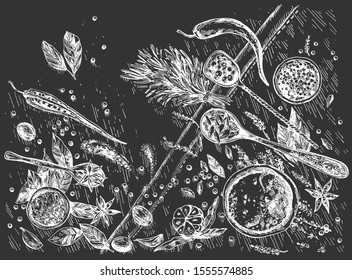 Vector illustration of spices market still life. Different aromatic herbs, bindings branches and leaves, nuts, garlic and pepper. Cuisine ingredients. Vintage hand drawn style. White drawing on black