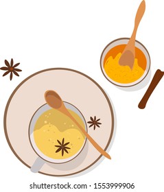 vector illustration of spices in white background isoleted, turmeric yellow spiced drink, Concept for print, web design, cards, cards, menu, invitation