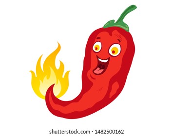 Vector illustration of a spicy chili pepper with flame. Cartoon red chilli for mexican or thai food. Kawaii chili pepper.