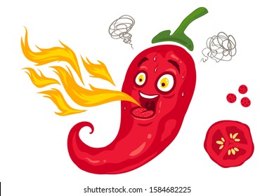 Vector illustration of a spicy chili pepper with flame. Cartoon red chili for mexican food.