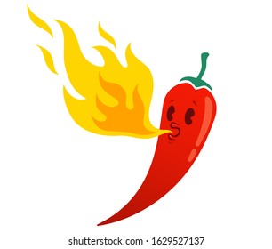 Vector illustration of a spicy chili pepper with flame. Cartoon red chili for Mexican or Thai food. Hot chilli.