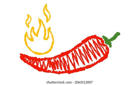 Vector illustration of a spicy chili pepper with flame in hand drawing style. Vector icon of red chili for Mexican or Thai food drawing from pencil. Hot chilli.